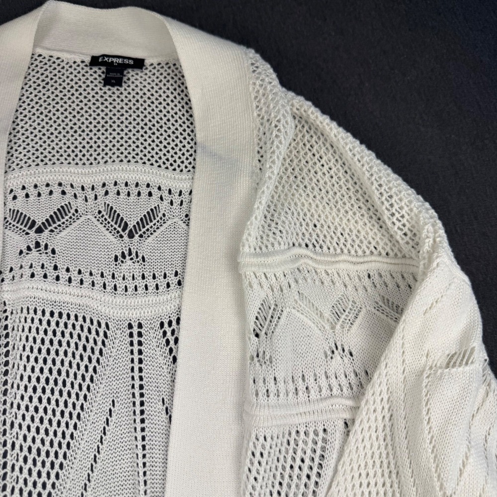Express White Knit Open Front Cardigan Sweater With Diamond Lace Detail XL